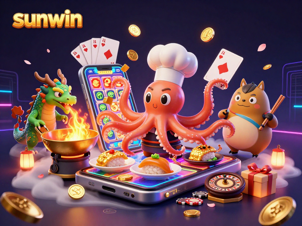 Engage with the sunwin slot experience featuring a sushi chef octopus and a dragon.