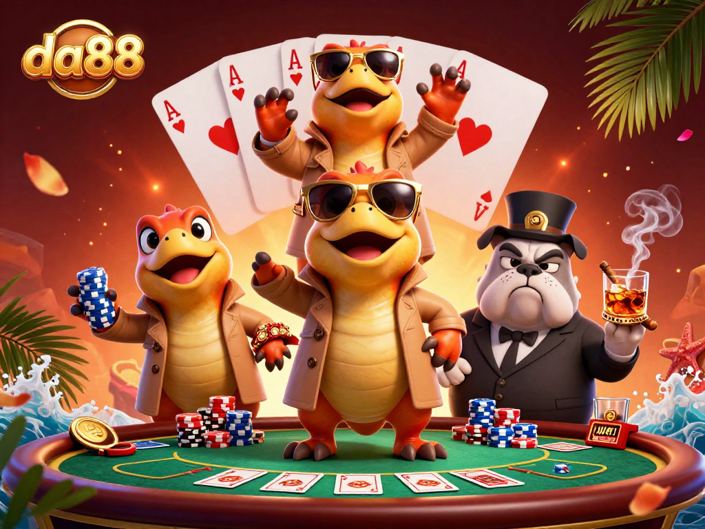Raptors in a trench coat trying to enter a VIP space at da88 casino surrounded by poker elements.