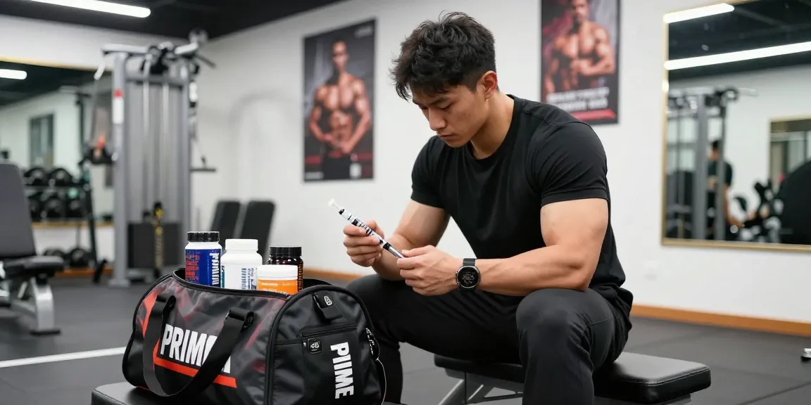 Prime Pharma Steroïden Winkel met een atletische persoon die zich voorbereidt om steroïden te injecteren in een moderne sportschool.