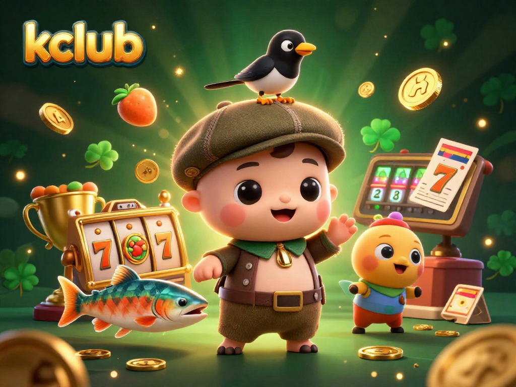 Spin winning reels with kclub's fun characters in this vibrant casino illustration.