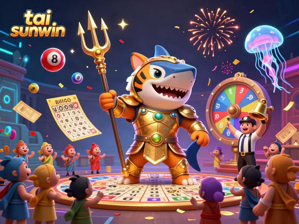 Experience excitement with tai sunwin as a fierce tiger shark, colorful lottery balls, and dynamic gaming elements collide.