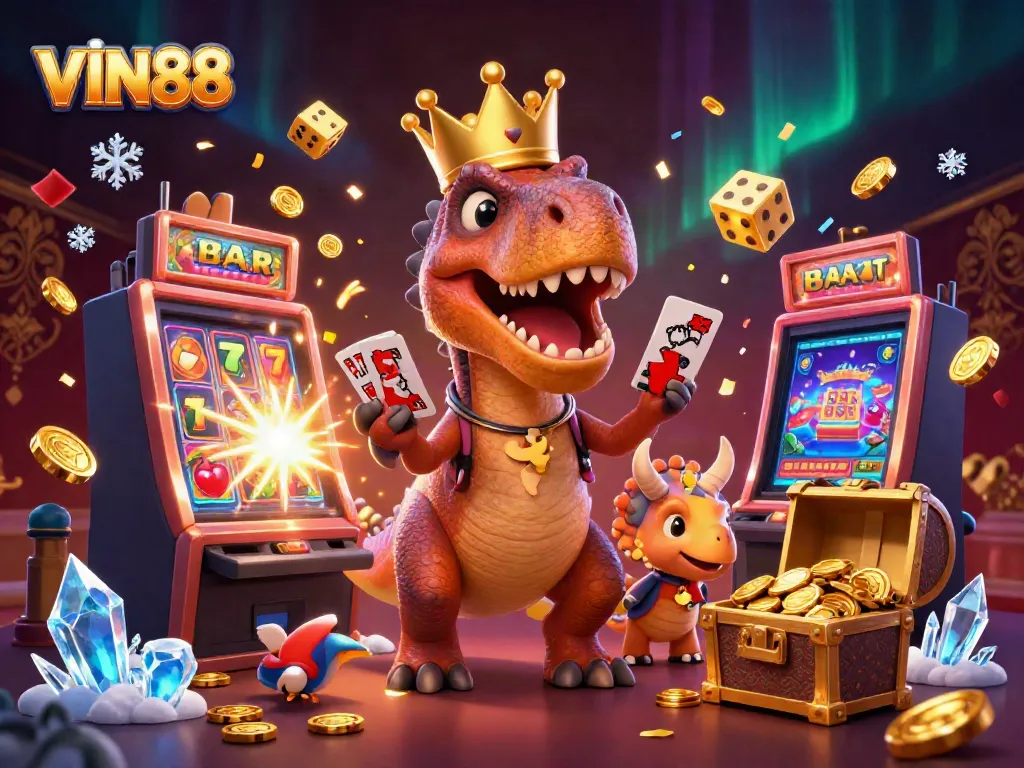 Engage with thrilling casino games at VIN88 featuring a friendly T-Rex and vibrant winning scenes.