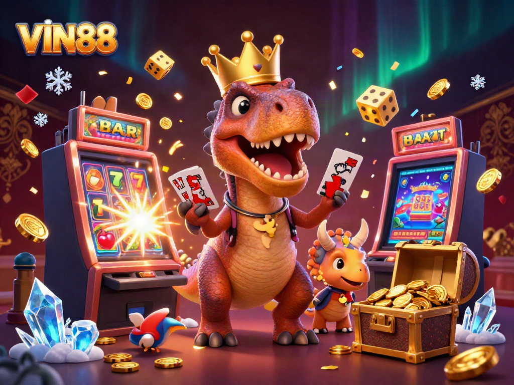 Engage with thrilling casino games at VIN88 featuring a friendly T-Rex and vibrant winning scenes.