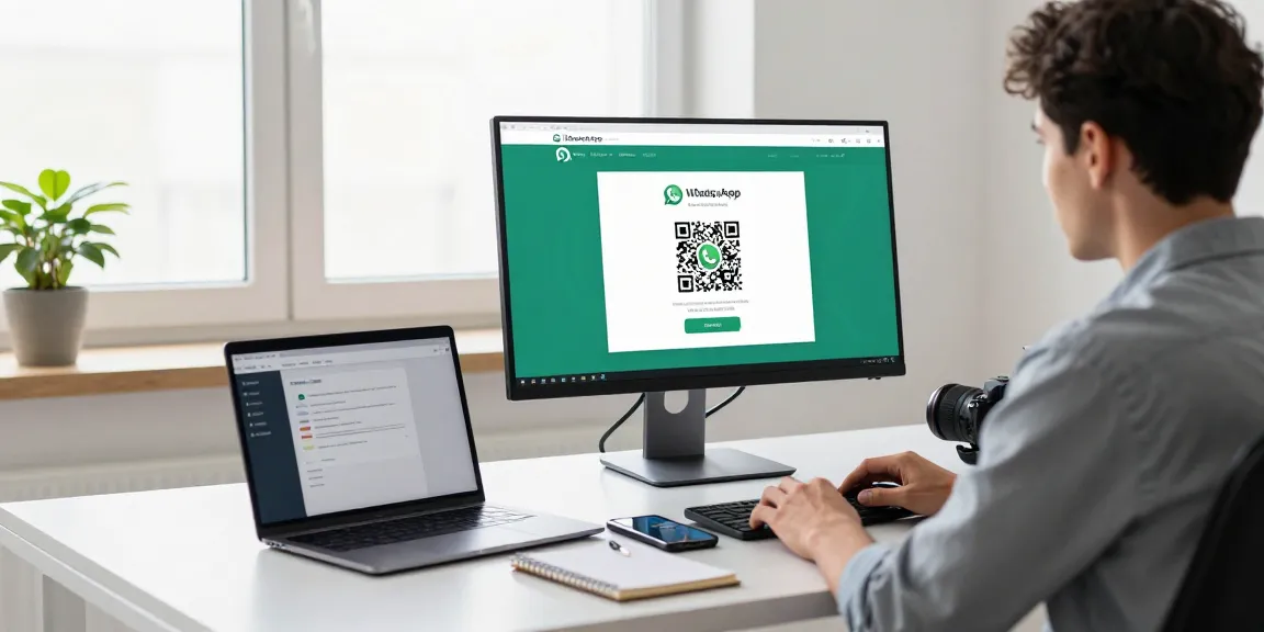 Logging into WhatsApp網頁版 on a professional workspace with a modern setup.