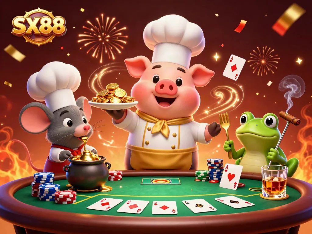 SX88 captures the excitement of gambling with a chef pig serving golden coins on a vibrant poker table.