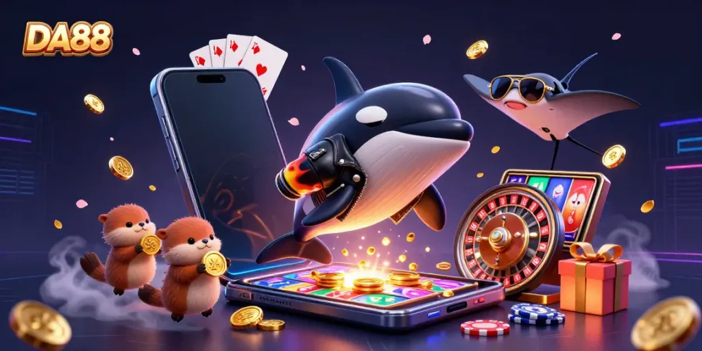 Engage with DA88 action featuring cartoon characters, golden coins, and captivating casino elements.