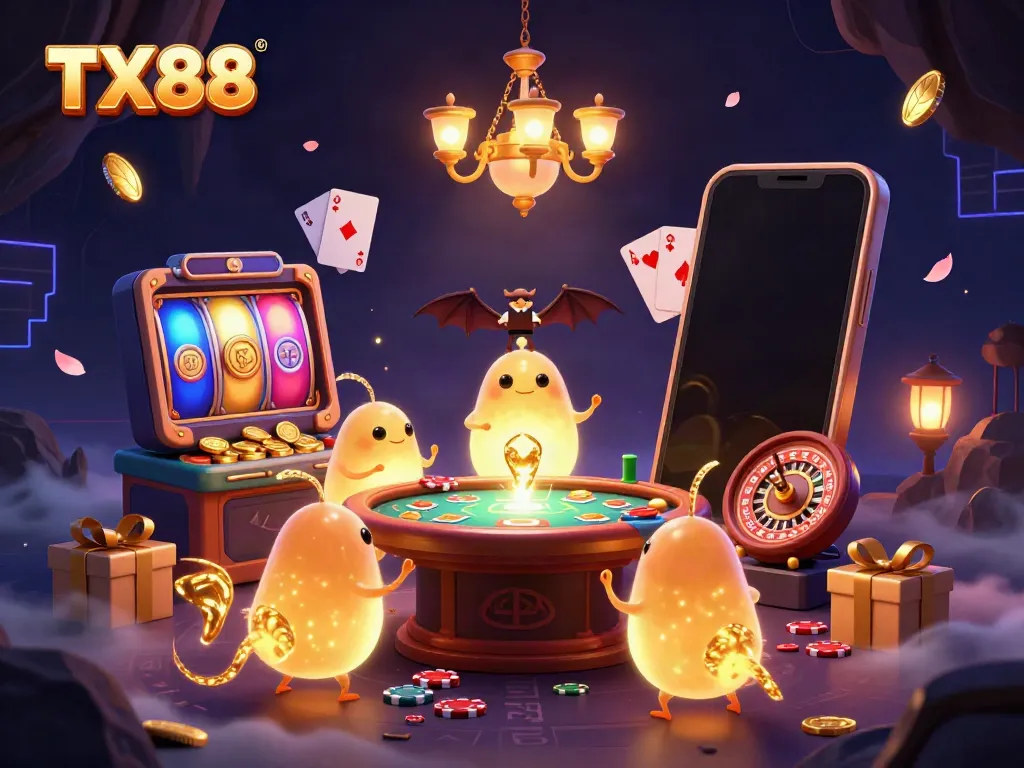 Experience TX88's vibrant online casino with glowworms illuminating the gameplay surrounded by exciting gaming elements.