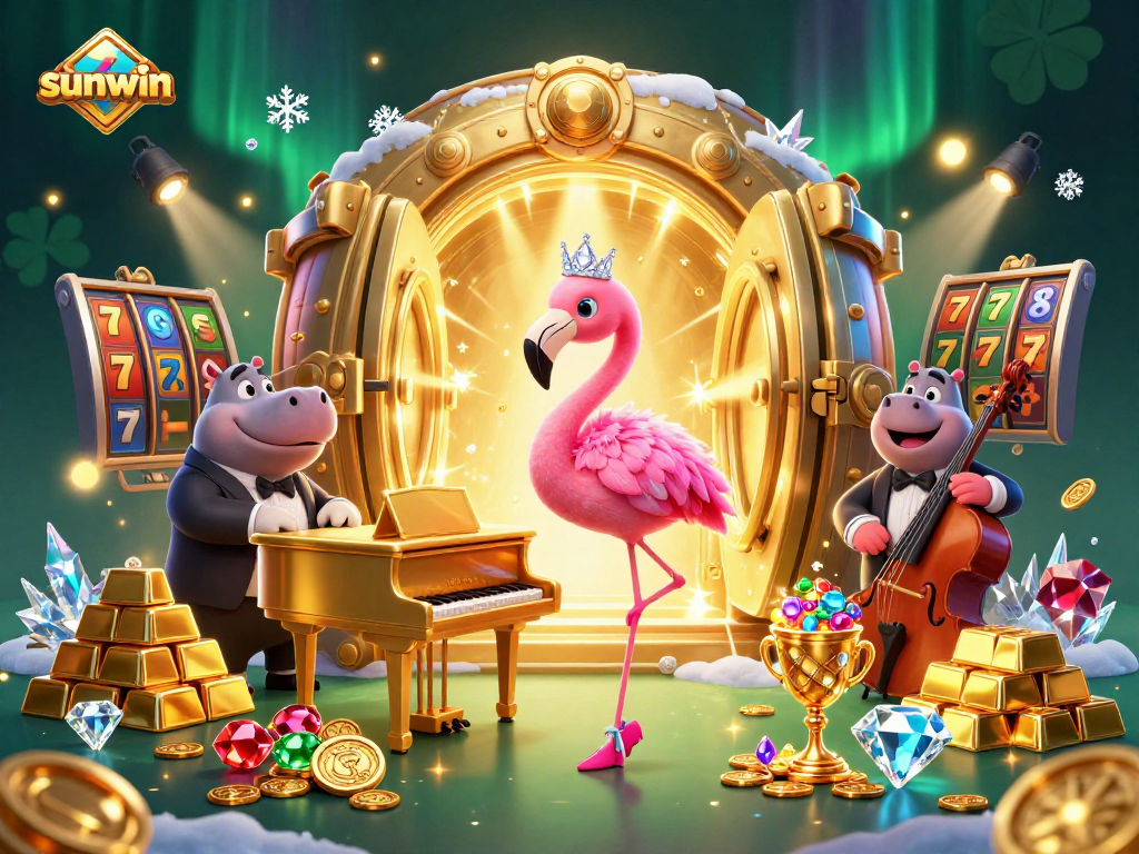 Engage with sunwin's vibrant casino universe featuring a flamingo singer and hippo bassist amidst riches.