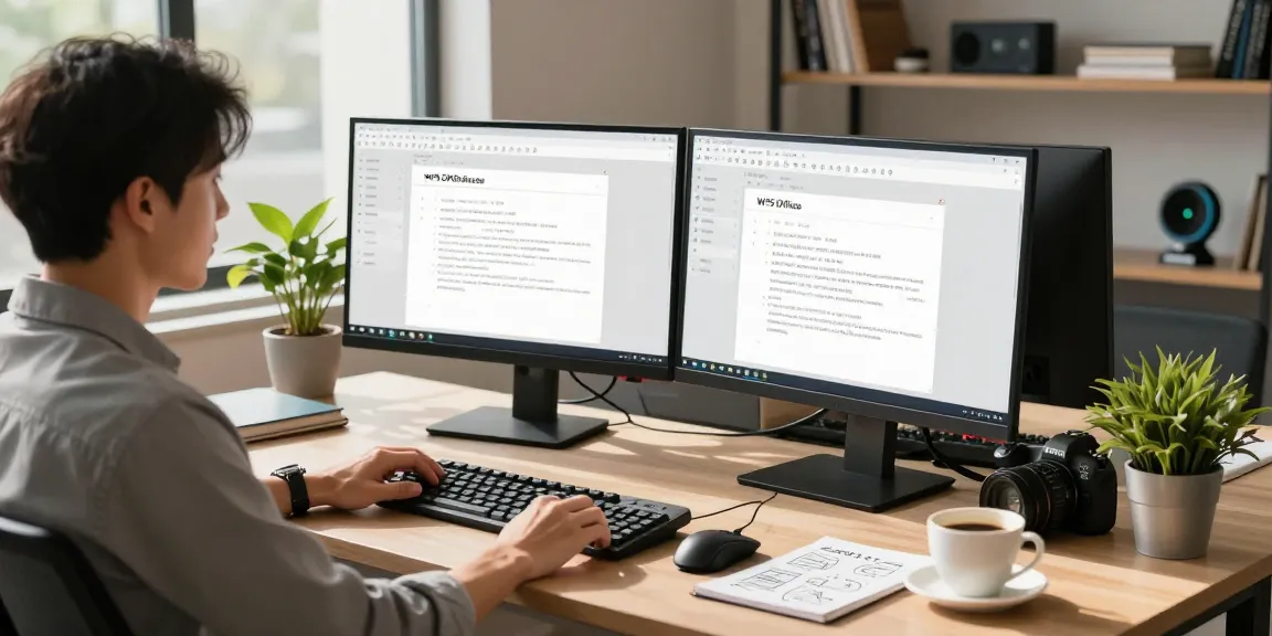 Download WPS Office in a modern workspace setting with a professional using dual monitors and stylish accessories.