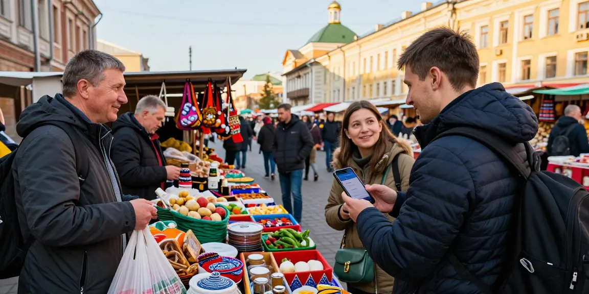 Interactieve ervaring met de PayInRussia-app in een levendige Russische markt, waar toeristen lokale producten kopen.