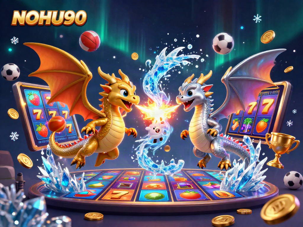Experience the thrill of NOHU90 with dynamic dragons and vibrant casino elements in an exciting scene.