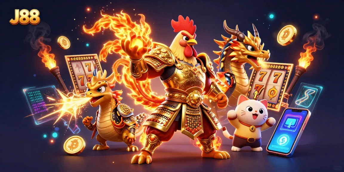 Experience thrilling gameplay at J88 with the exciting rooster warrior and dragon in the casino scene.