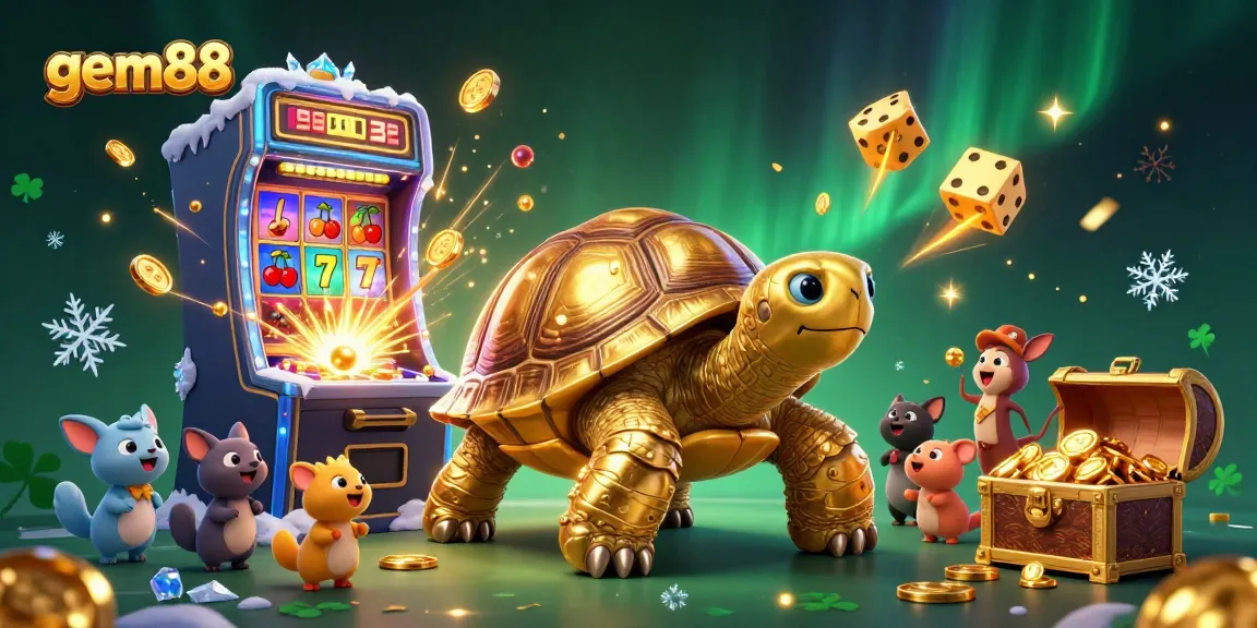 Engage with the gem88 experience featuring a vibrant casino scene with colorful slot machines and joyful characters.