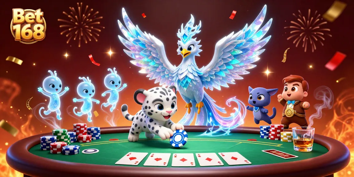 Engage with Bet 168's immersive fantasy casino scene featuring dynamic characters and rich poker elements.