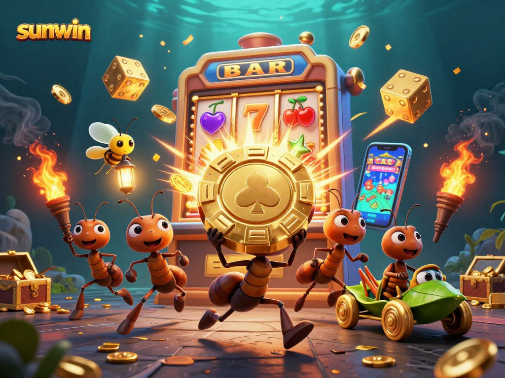 Experience sunwin's thrilling slot adventure with cartoon ants on a golden heist.