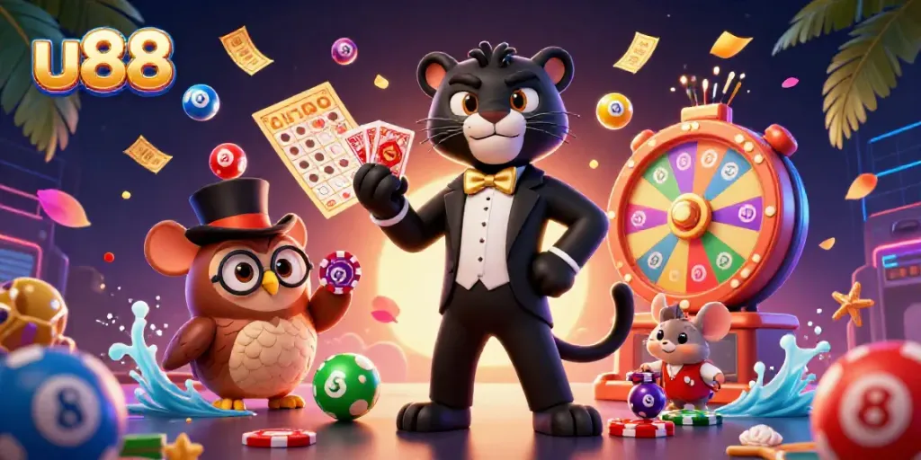 Experience thrilling gaming at u88 with an elegant scene featuring a panther dealer and fun characters.