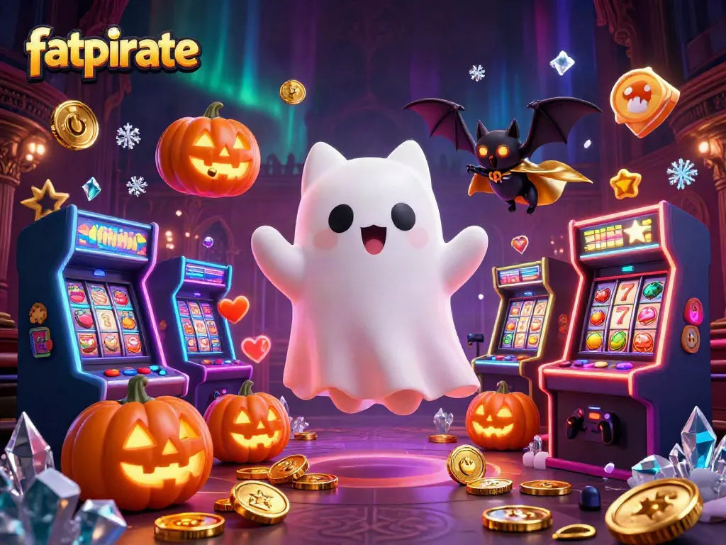 Experience the excitement at fatpirate casino with a lively ghost cat and bat in a haunted setting.