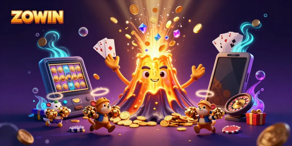 Spin to win with ZOWIN's captivating treasure-themed graphic filled with playful characters.