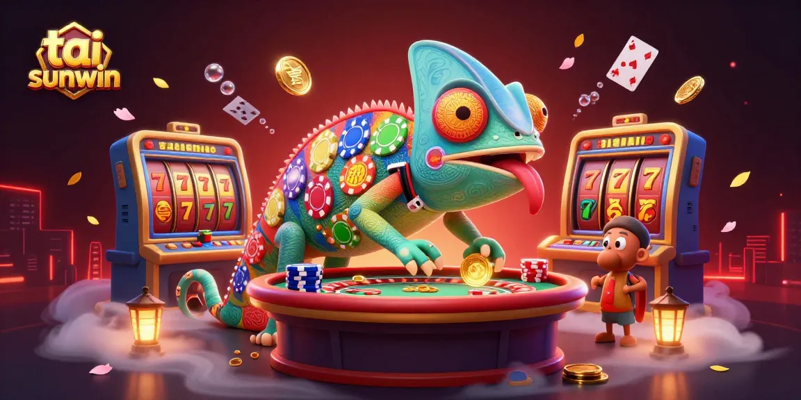 Engage with tai sunwin's vibrant gaming scene featuring a dynamic chameleon casino owner and exciting slot elements.