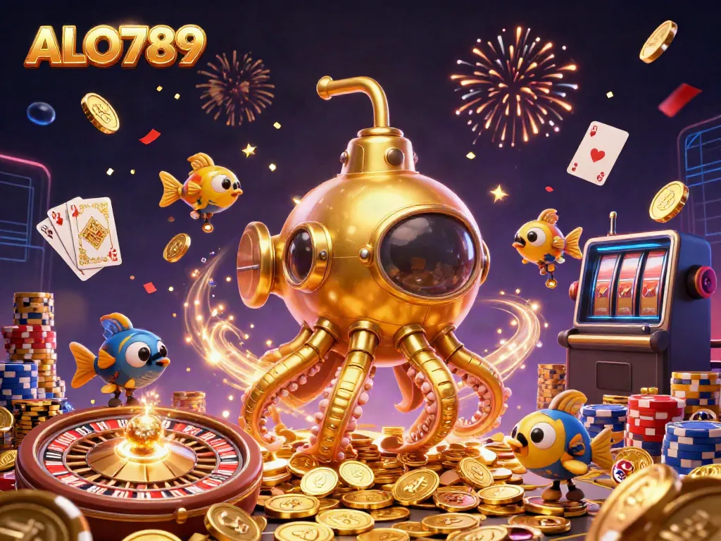 Exciting ALO789 scene with a golden kraken submarine and casino elements creating a vibrant gaming atmosphere.
