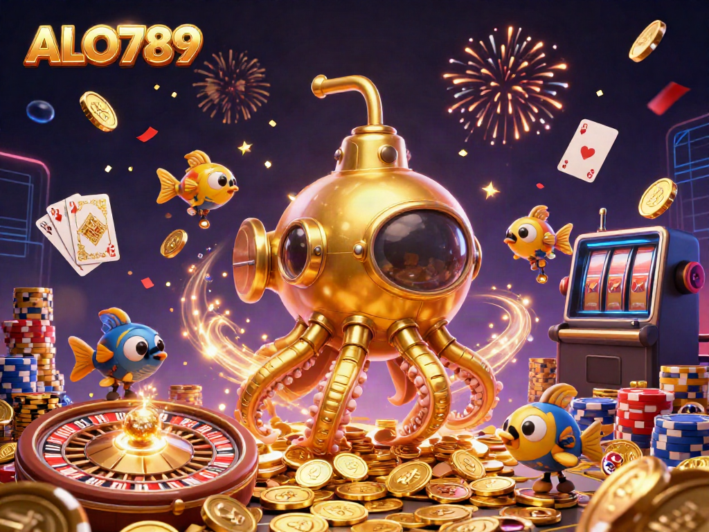 Exciting ALO789 scene with a golden kraken submarine and casino elements creating a vibrant gaming atmosphere.