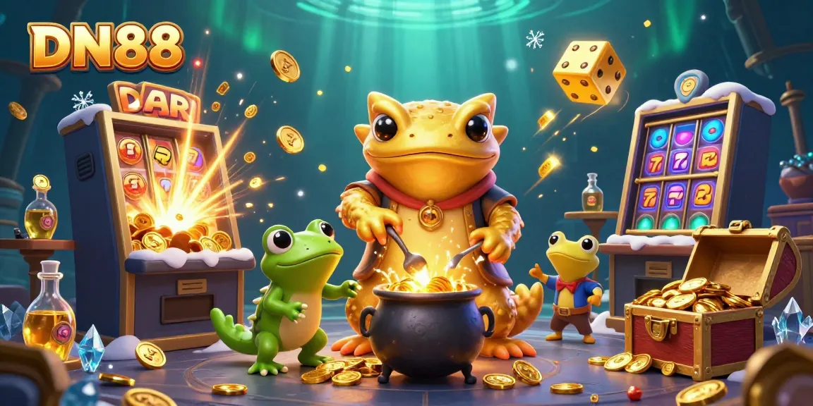 Experience the excitement of DN88, featuring gold alchemy and casino elements in an enchanting scene.