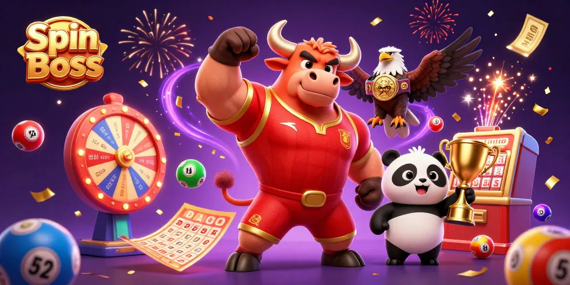 Spin Boss celebrates with a muscular bull, eagle champion, and panda trophy amidst casino elements.