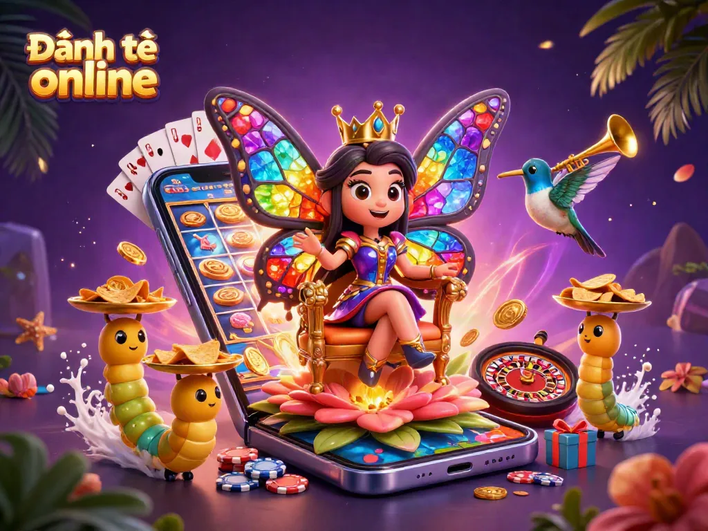 Experience thrilling Đánh đề online action with a dazzling butterfly queen and vibrant casino elements.