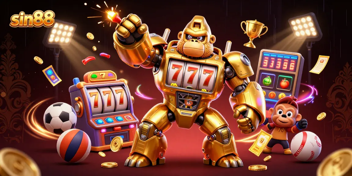 Experience thrilling gameplay with sin88 as a golden gorilla mech bursts with coins while showcasing jackpot slots.