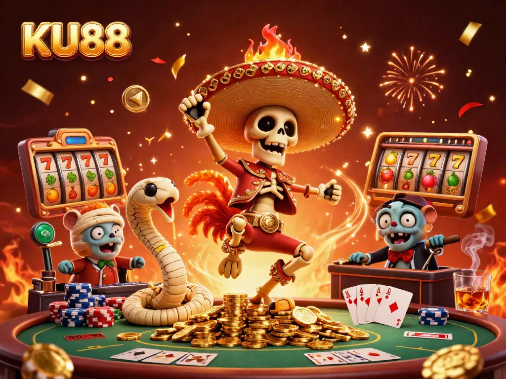 KU88 celebrates winnings with a vibrant scene featuring characters dancing on coins and slot machines.