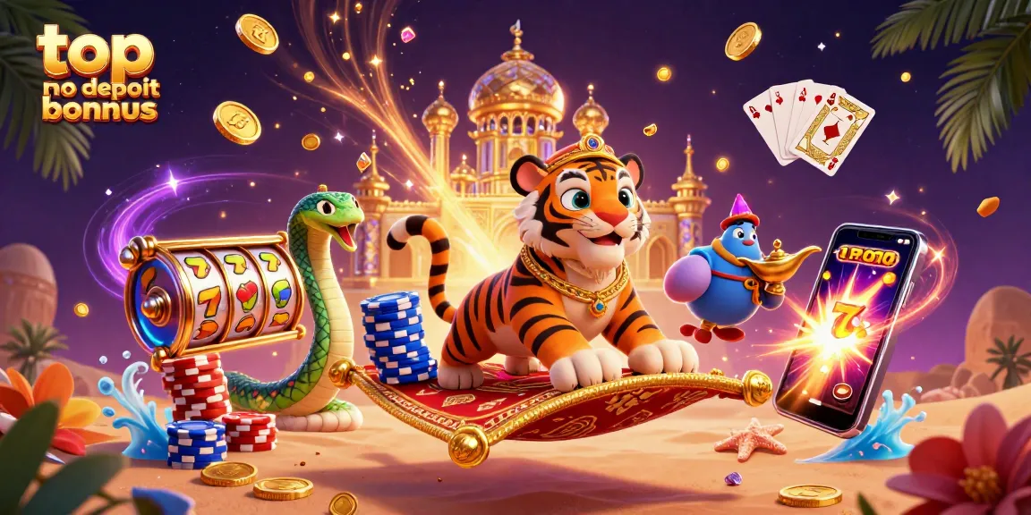 Experience top no deposit bonus casinos with vibrant characters, sparkling gems, and spinning slot machines.