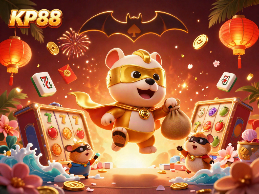 Engage with KP88, the lively online casino featuring a superhero dog and vibrant slot elements.