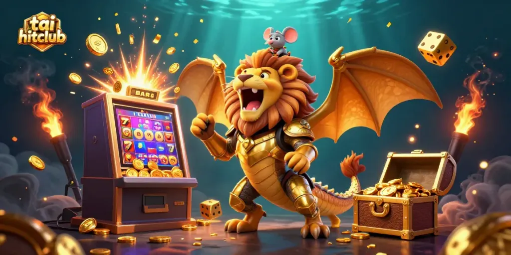 Experience the excitement of tai hitclub with a roaring chimera and jackpot explosion in this vibrant 3D casino illustration.