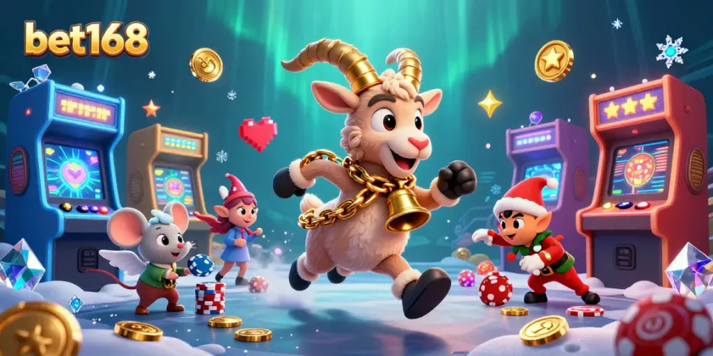 Experience bet168 thrills with Krampus goat and playful characters in a vibrant casino scene.