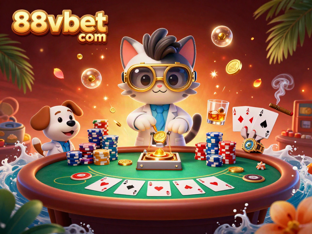 Engage with 88vbet com's exciting poker scene featuring adventurous characters and vibrant casino elements.