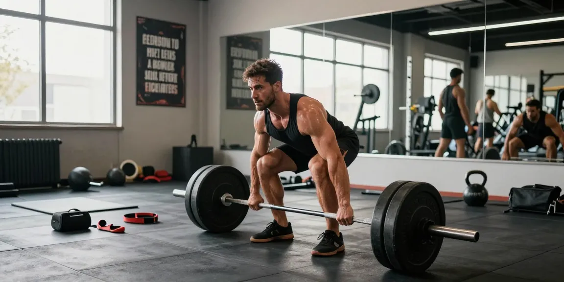Bodybuilder performing deadlifts surrounded by Prime Pharma Steroiden products in an energetic gym atmosphere.