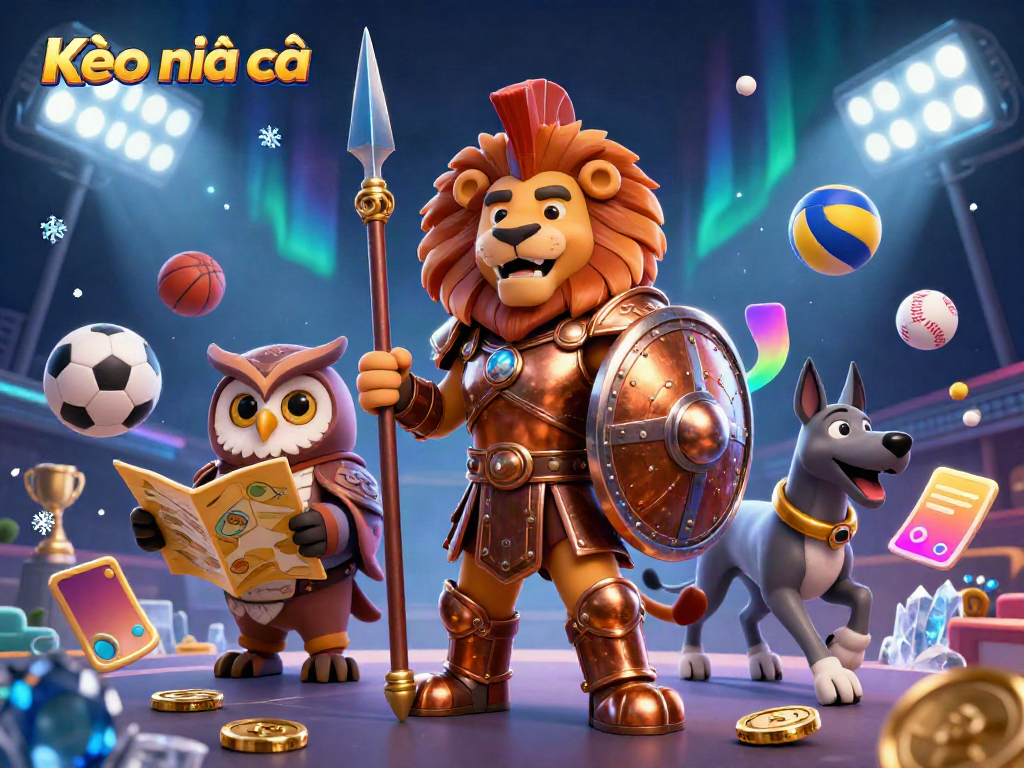 Kèo nhà cái showcases a heroic Spartan lion, owl strategist, and greyhound in a lively sports betting scene.