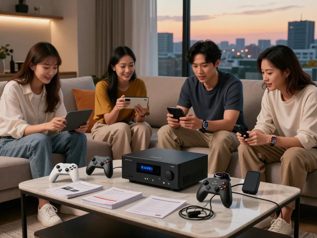 Engaging with latest tech gadgets 2044 in a modern living room setting.