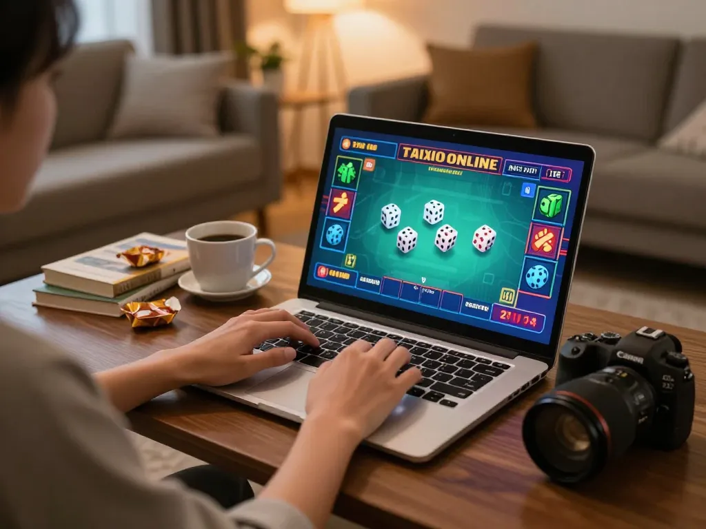 Engaging in taixiuonline gameplay at home using a laptop, showcasing a vibrant interface and relaxed atmosphere