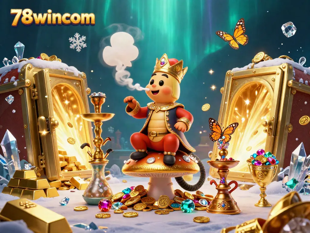 Experience the magic of 78wincom with a vibrant 3D casino illustration showing a caterpillar hookah-master and treasure elements.