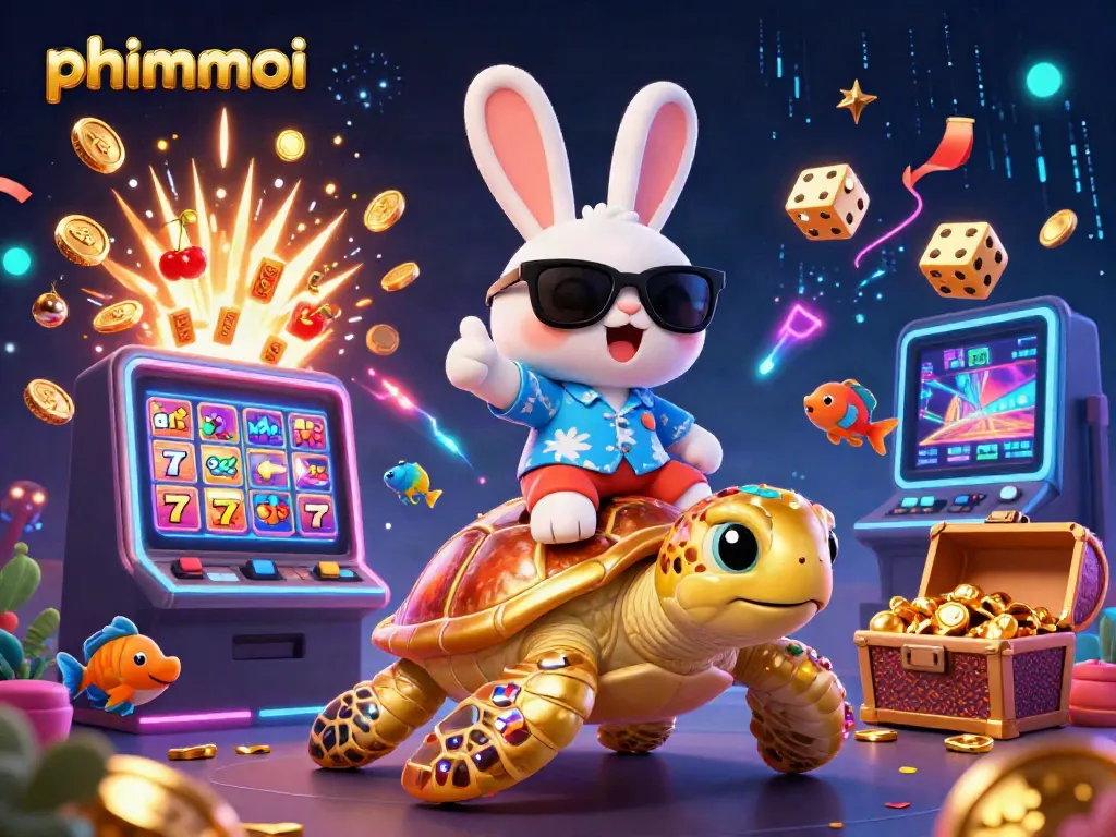 Engage with phimmoi's thrilling world of gambling featuring a lucky rabbit, sea turtle, and vibrant casino elements.