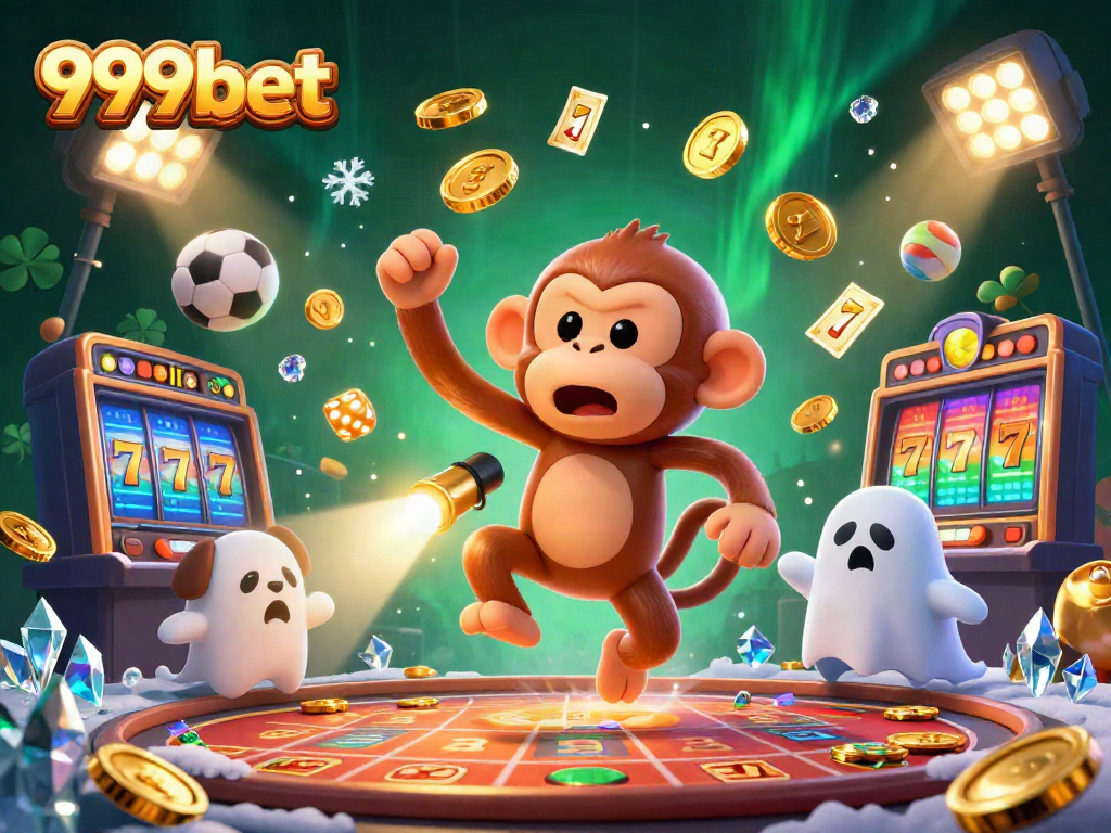 Experience thrilling gameplay at 999bet with a mischievous poltergeist monkey and a ghost-hunter puppy in a vibrant casino setting.