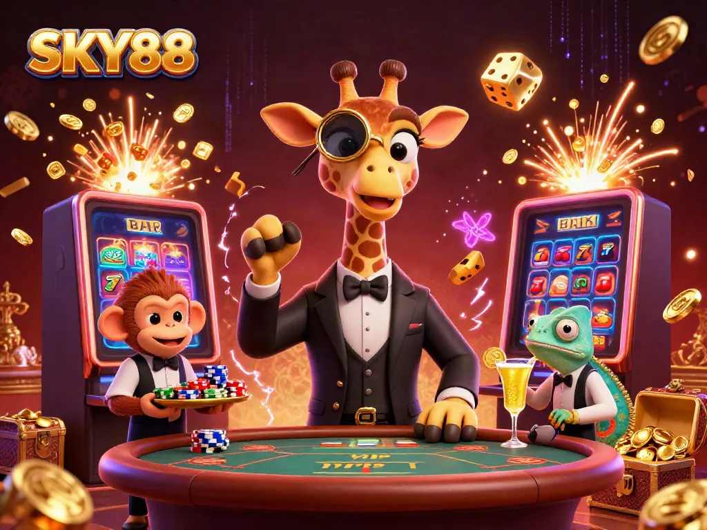 Experience the excitement of gambling at SKY88 with a high-roller giraffe and casino elements.