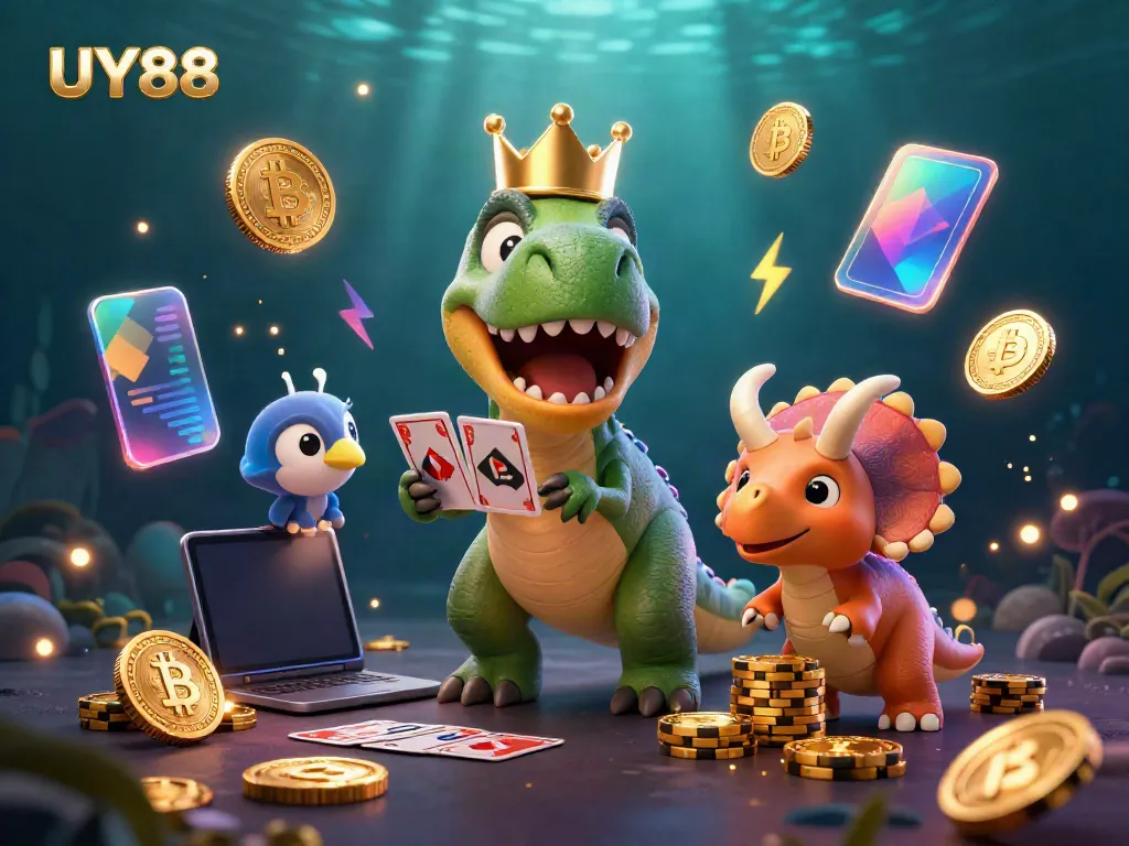 Engage with UY88's exciting gaming world through this vibrant 3D illustration featuring playful dinosaurs.