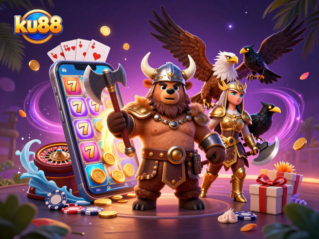 Engage with ku88's vibrant casino scene featuring a Viking bear, Valkyrie eagle, and dynamic slot games.