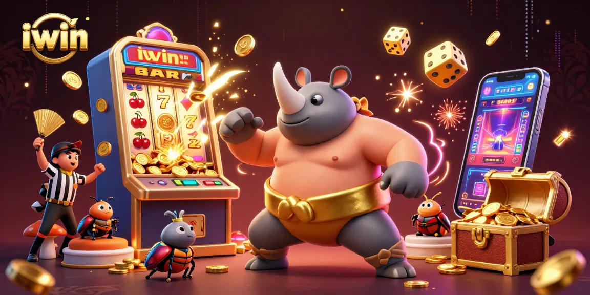 iwin jackpot scene with a rhinoceros beetle champion celebrating coin wins at a 3D slot machine.