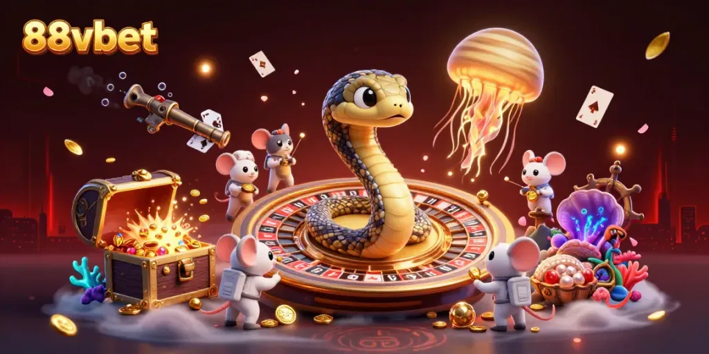 Experience 88vbet's thrilling gambling universe with a cosmic roulette and playful astronaut mice.