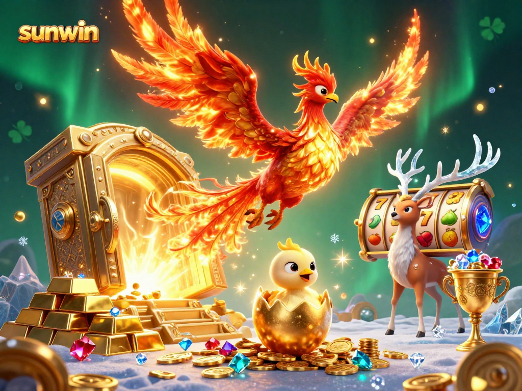 Engage in thrilling slots action with sunwin's vibrant phoenix scene filled with gold treasures.