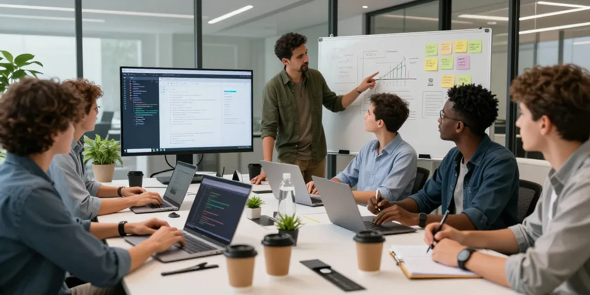 Build internal tools with AI in a dynamic team collaboration workspace, showcasing professionals discussing ideas.