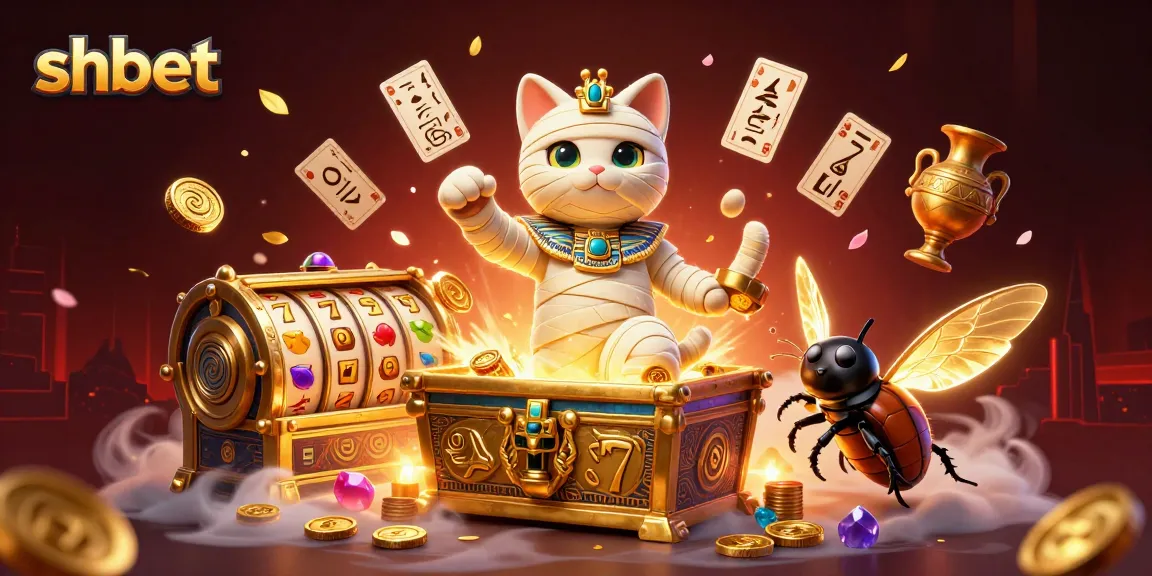 shbet provides thrilling casino action with a cartoon mummy cat and cosmic treasures around.